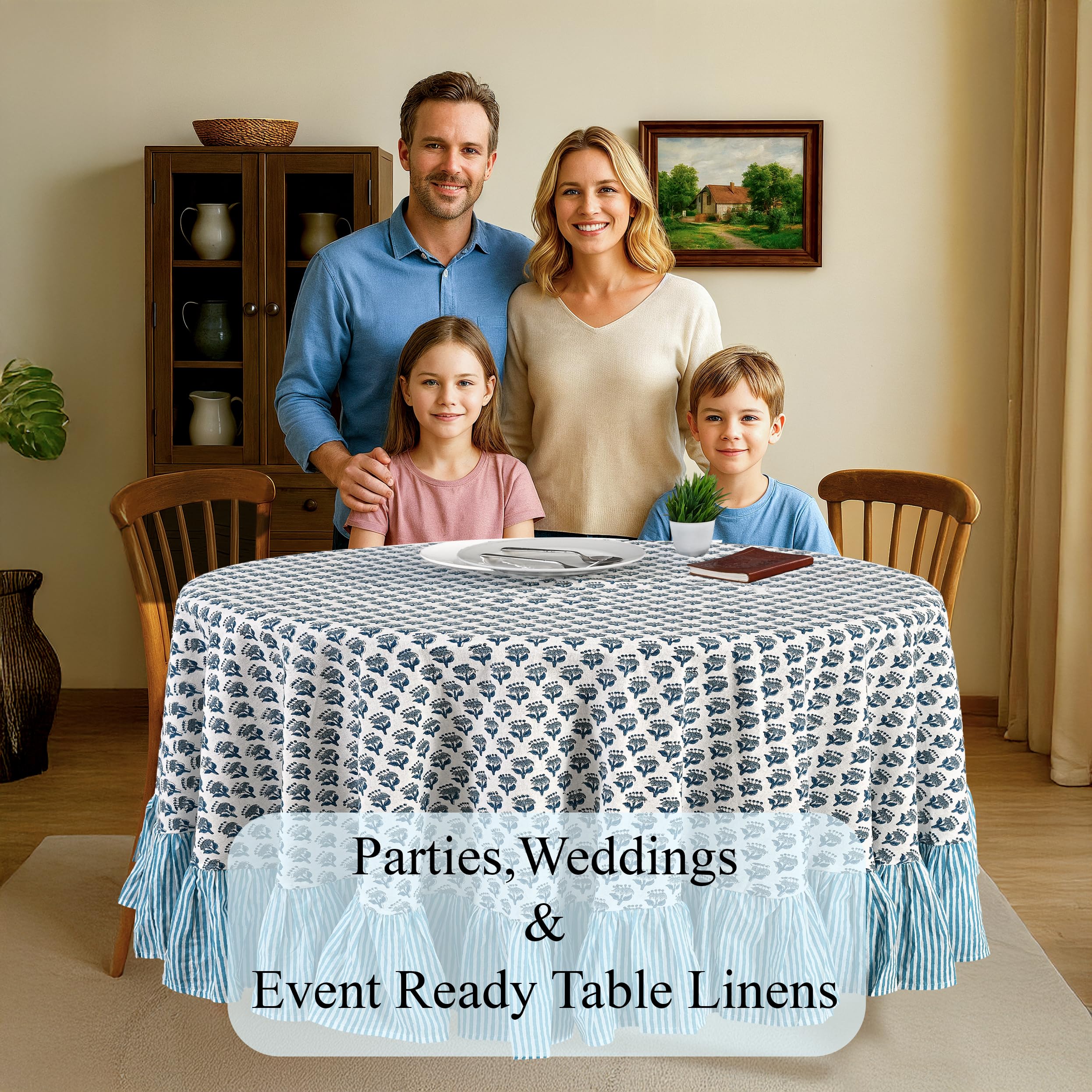 Cotton Ruffle Round Tablecloth - Apatite Blue