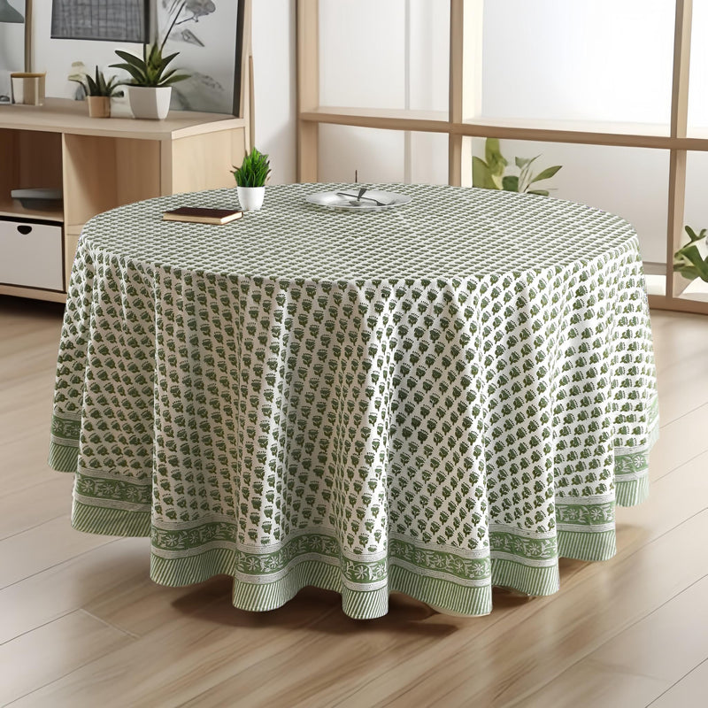 CPC Round Tablecloth- Cotton Indian Block Print Tablecloth -Handmade Printed Washable Cotton Table Cloth - Thanksgiving, Christmas Table Cover - Emerald Green 110 Inch