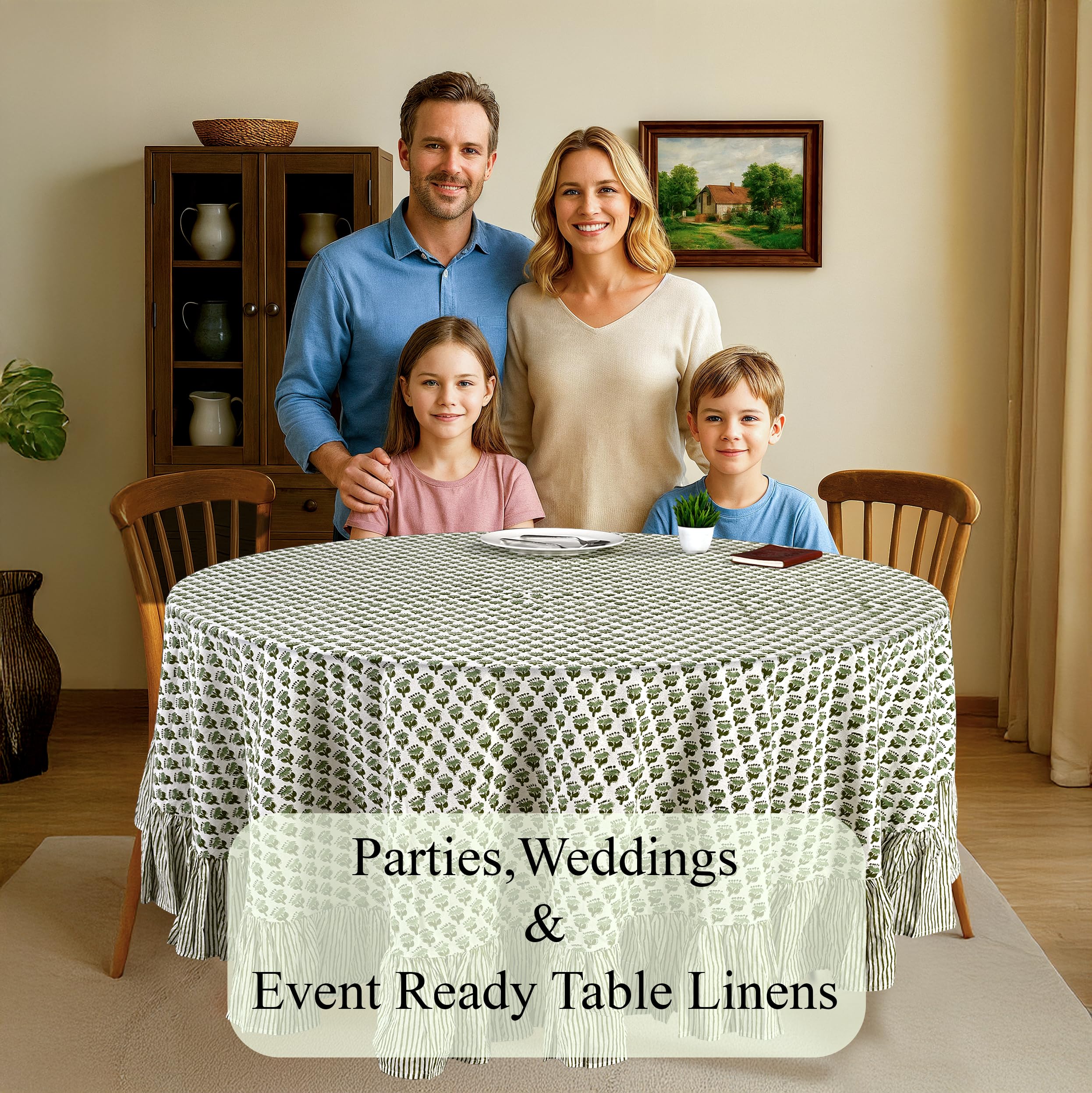 Cotton Ruffle Round Tablecloth - Emerald Green
