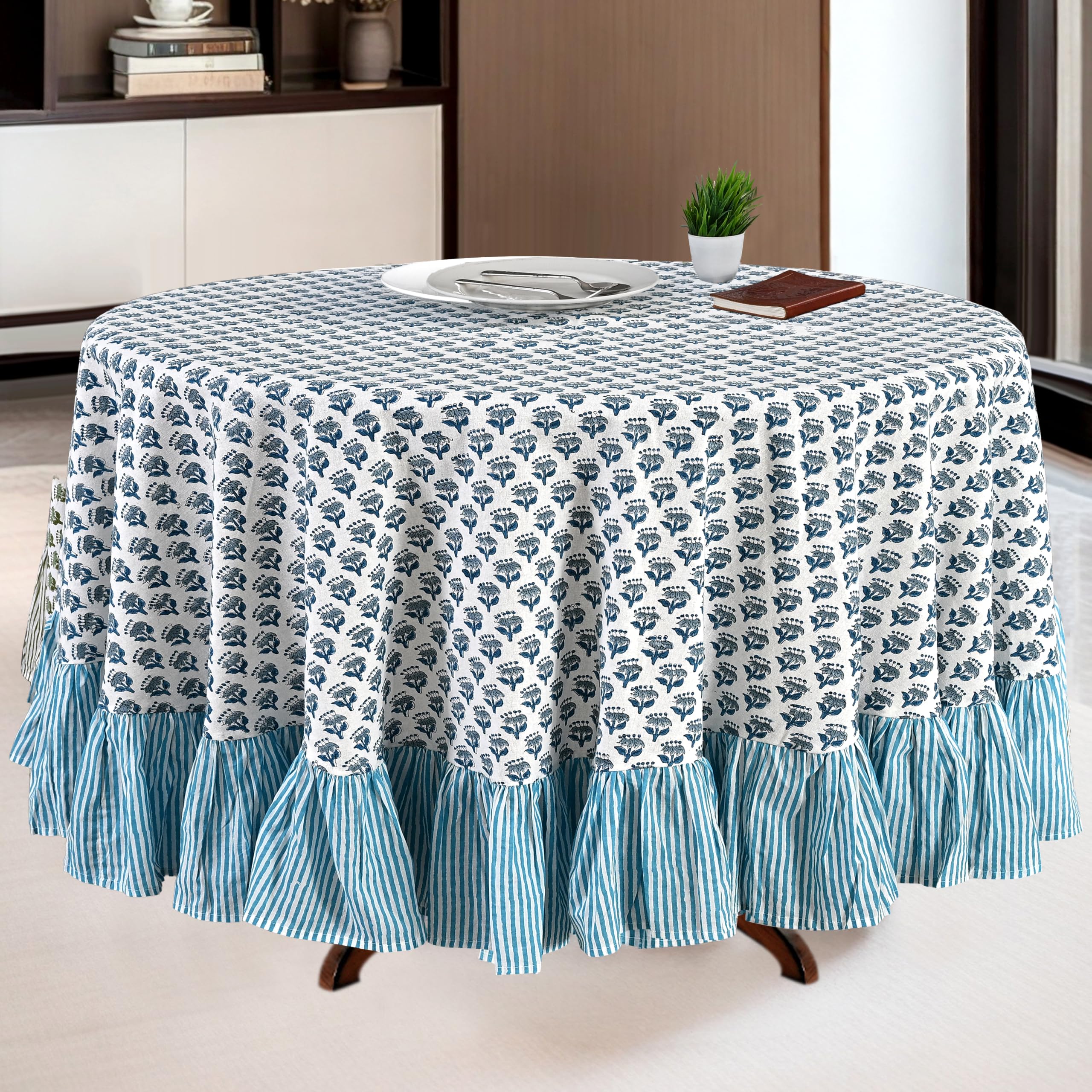Cotton Ruffle Round Tablecloth - Apatite Blue