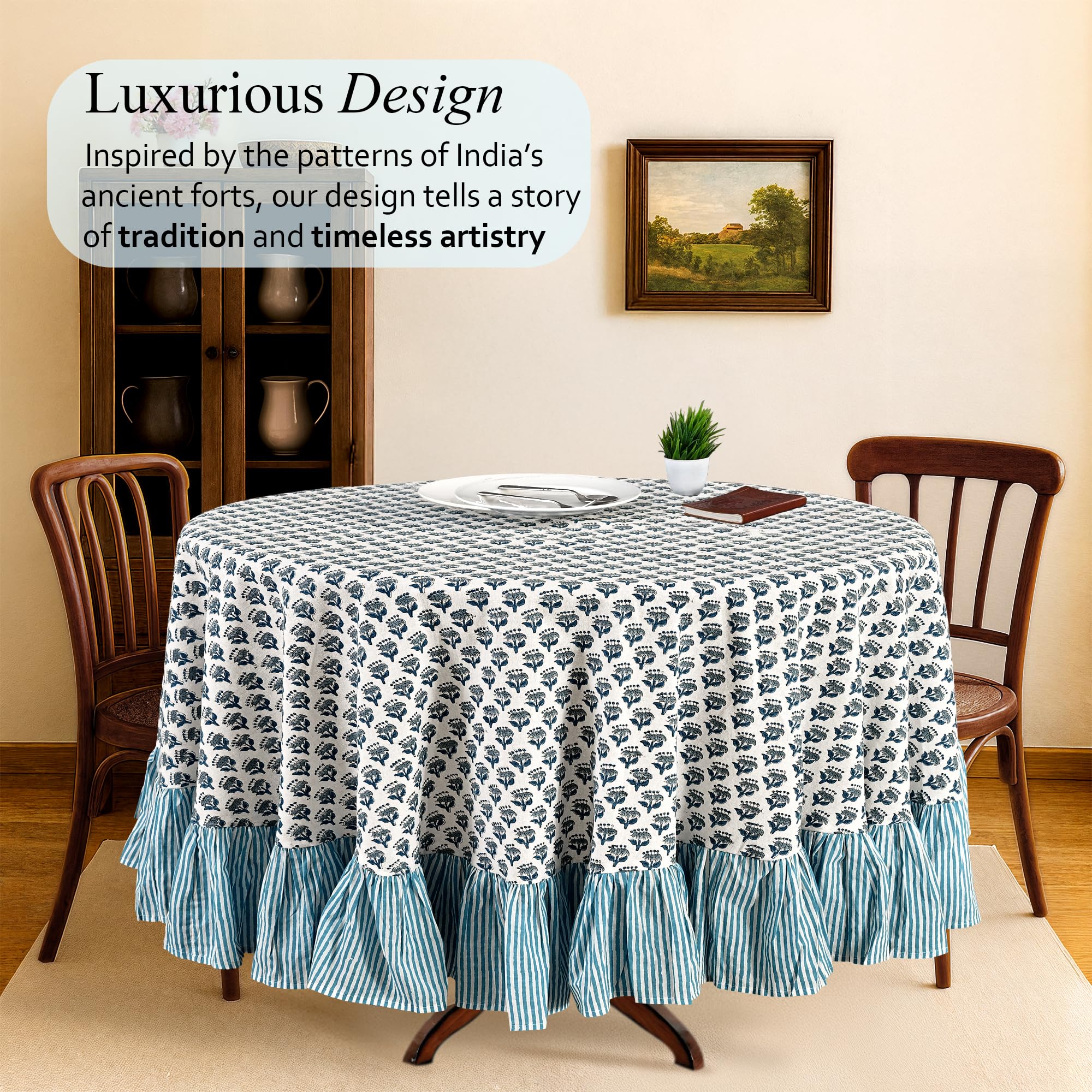 Cotton Ruffle Round Tablecloth - Apatite Blue