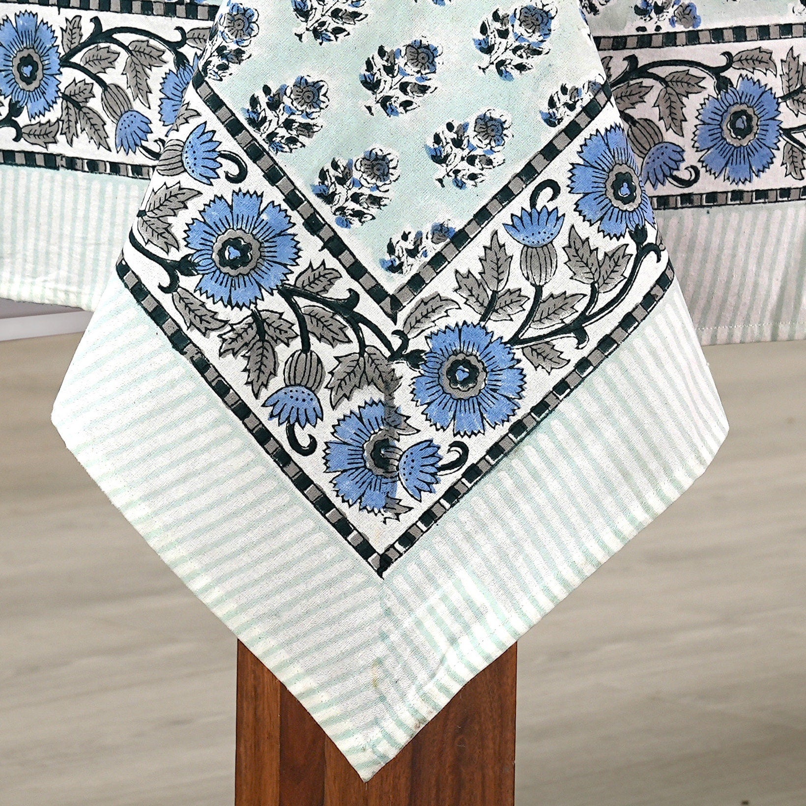 Close up details of Poppy Blue Cotton Print Club Tablecloth 