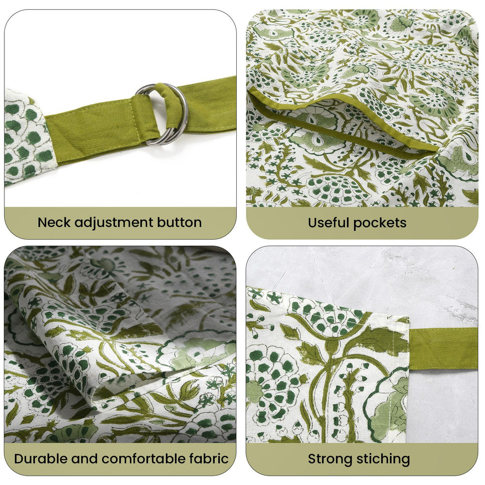 Soft green apron with adjustable neck strap and waist tie, useful pockets, durable cotton, and strong stitching