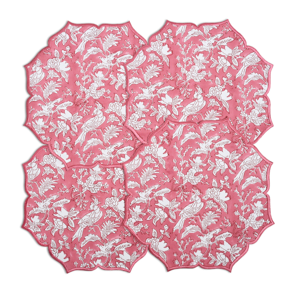 set of 4 Embroidered placemat in coral tone with soft threadwork