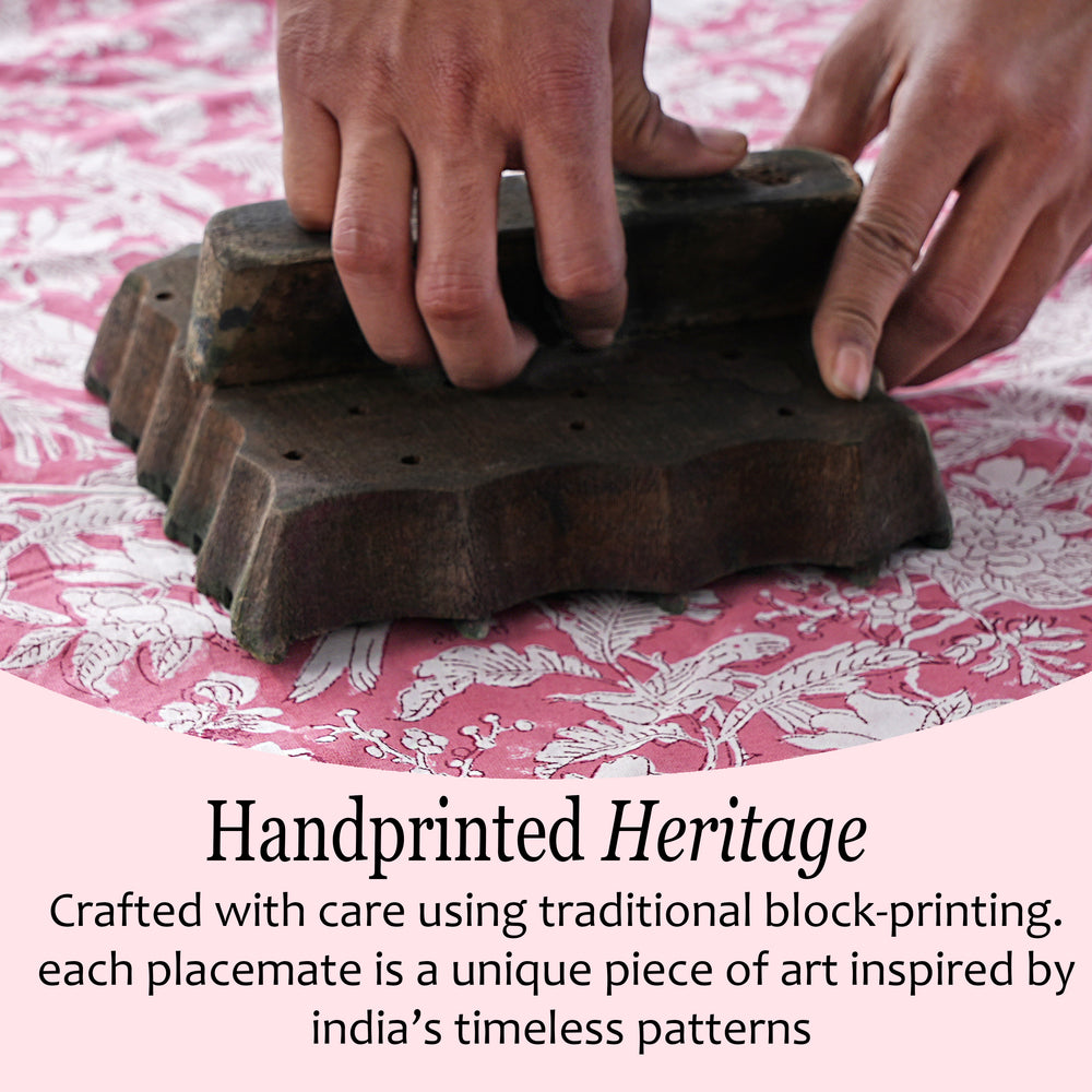 handblock printed Embroidered placemat in coral tone with soft threadwork