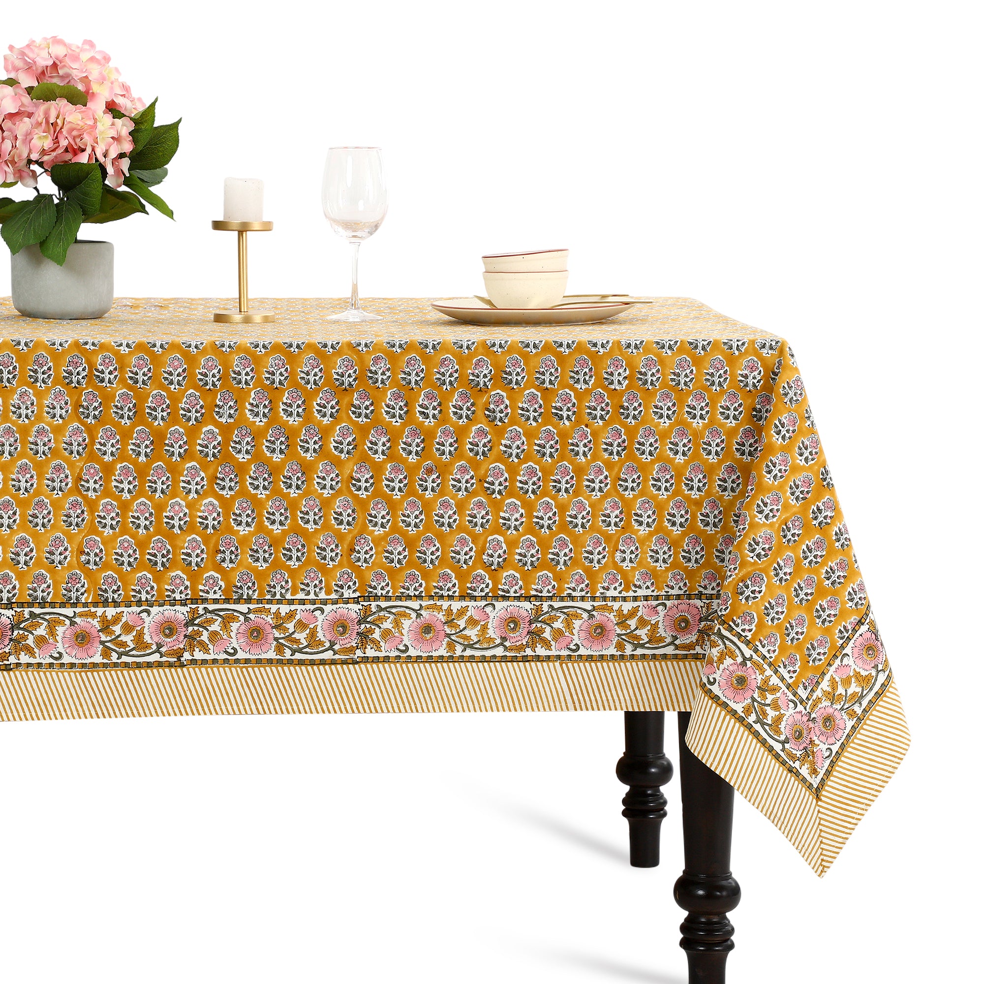yellow washable cotton tablecloth with floral print