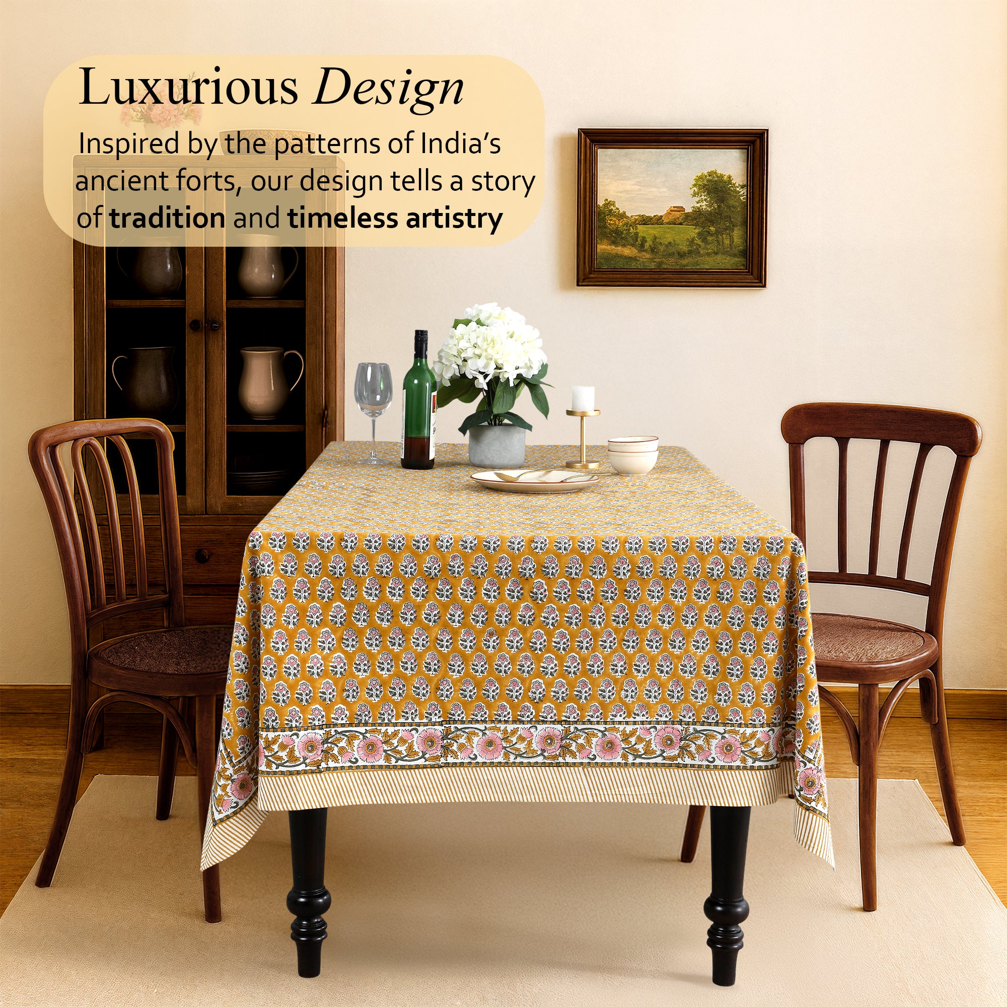 yellow washable cotton tablecloth with floral print