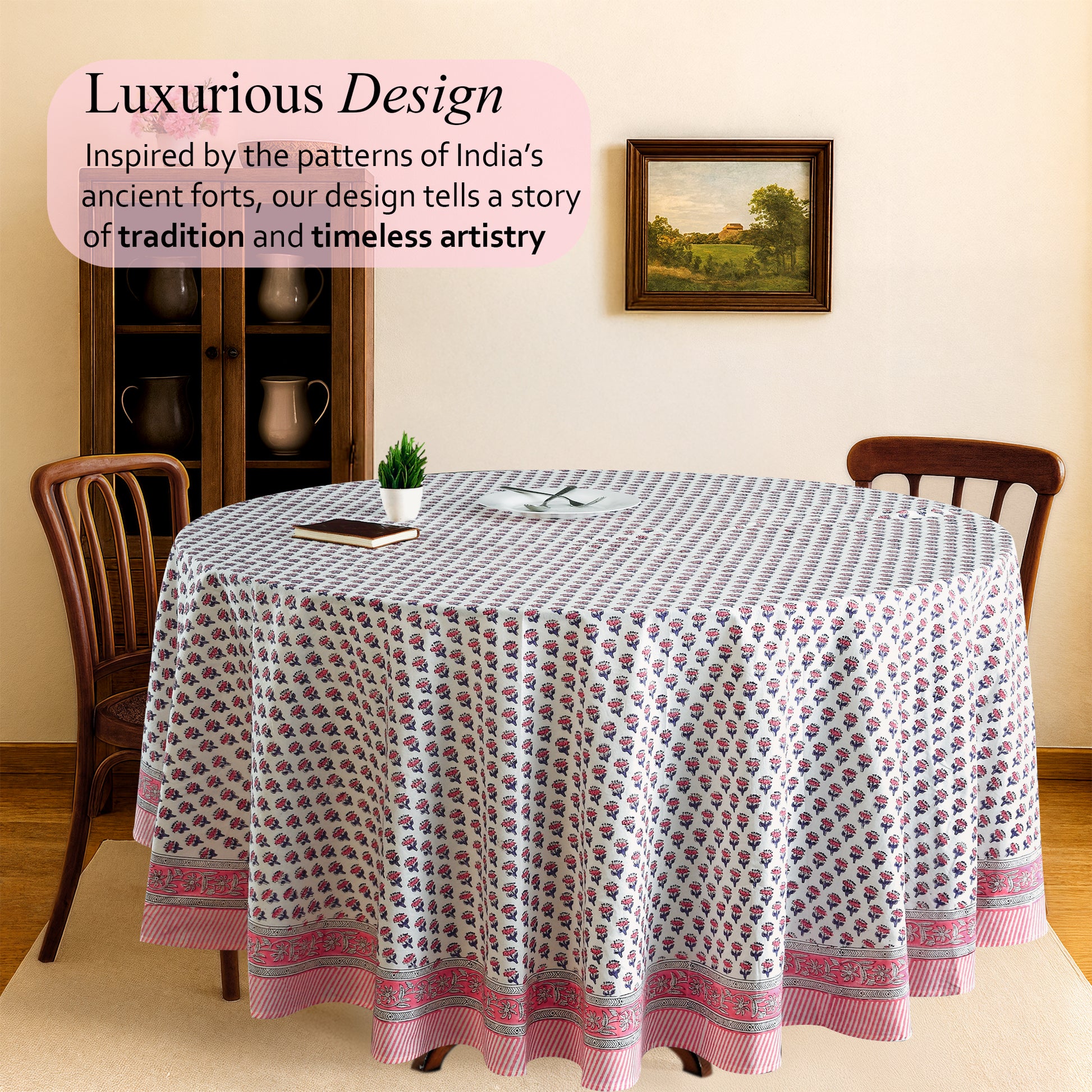pink and white floral indian 100% cotton breathable round tablecloth