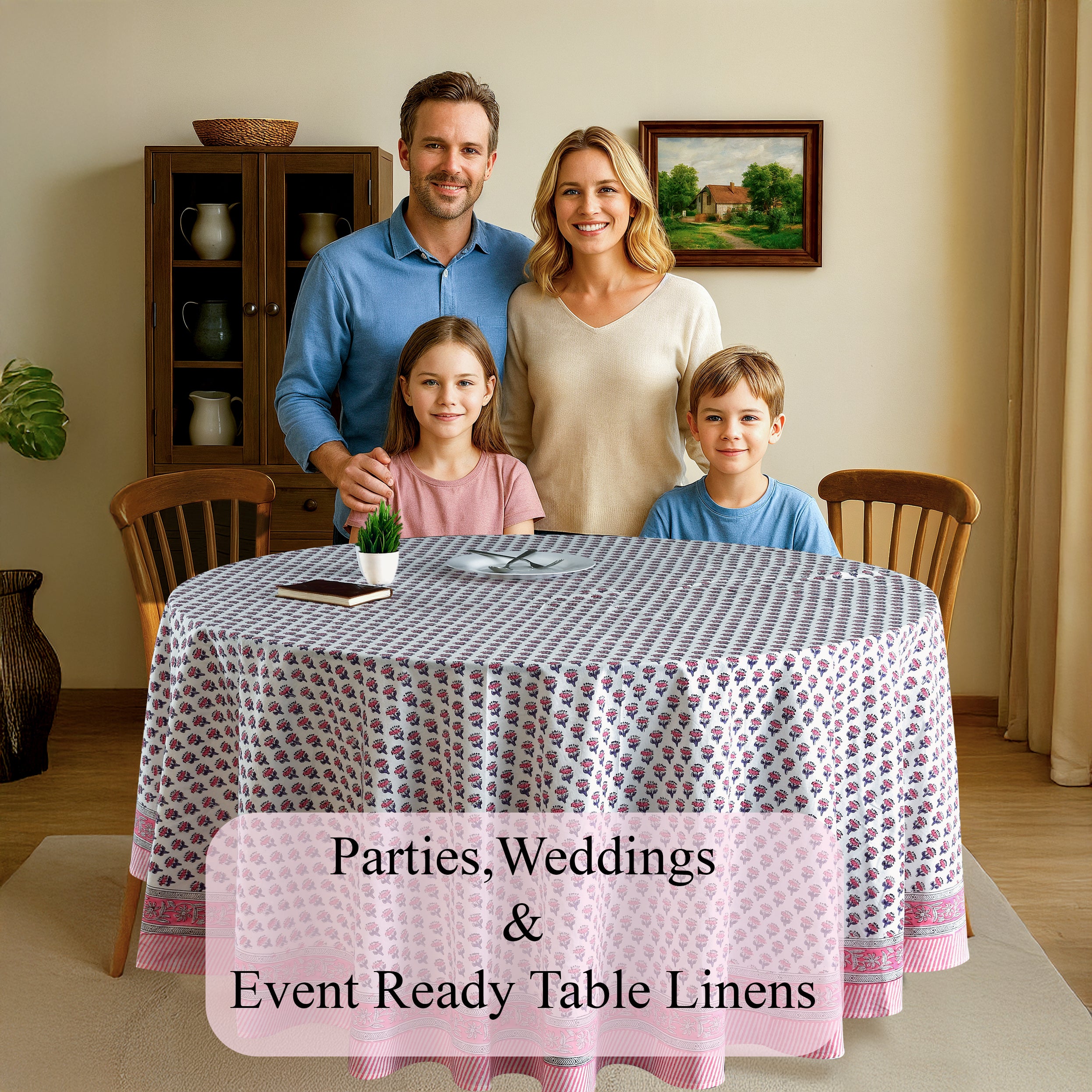 pink and white floral indian 100% cotton breathable round tablecloth