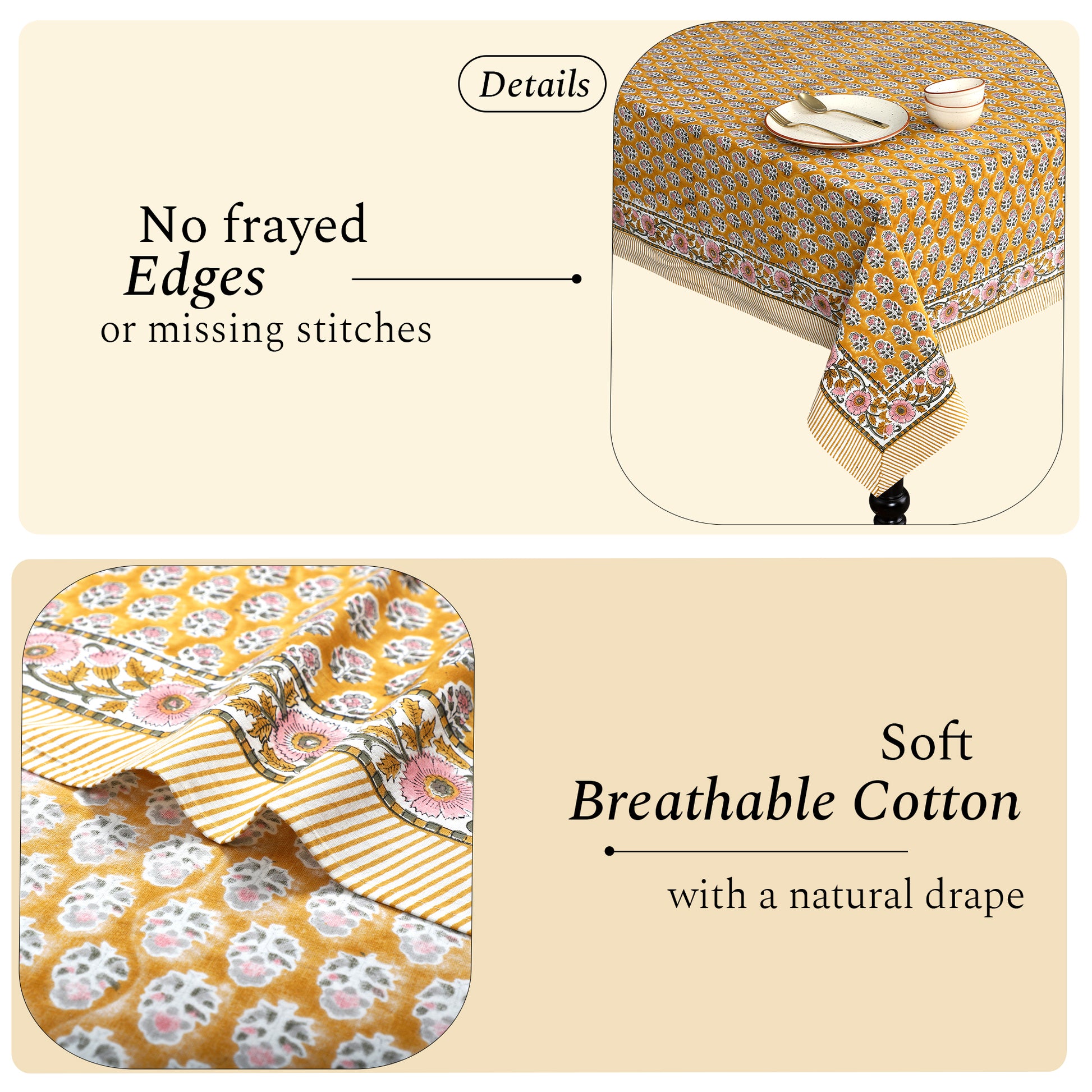yellow washable cotton tablecloth with floral print