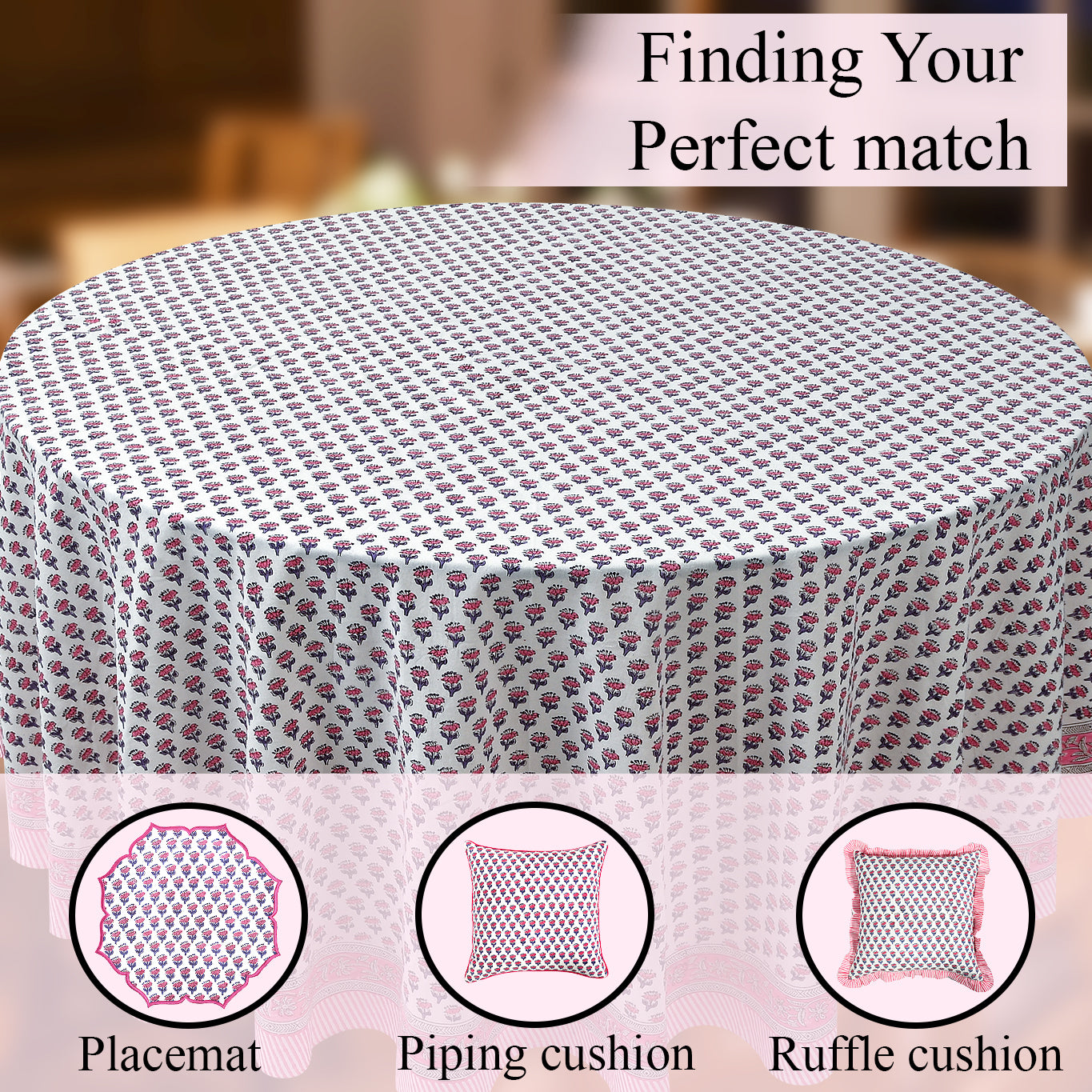 pink and white floral indian 100% cotton breathable round tablecloth