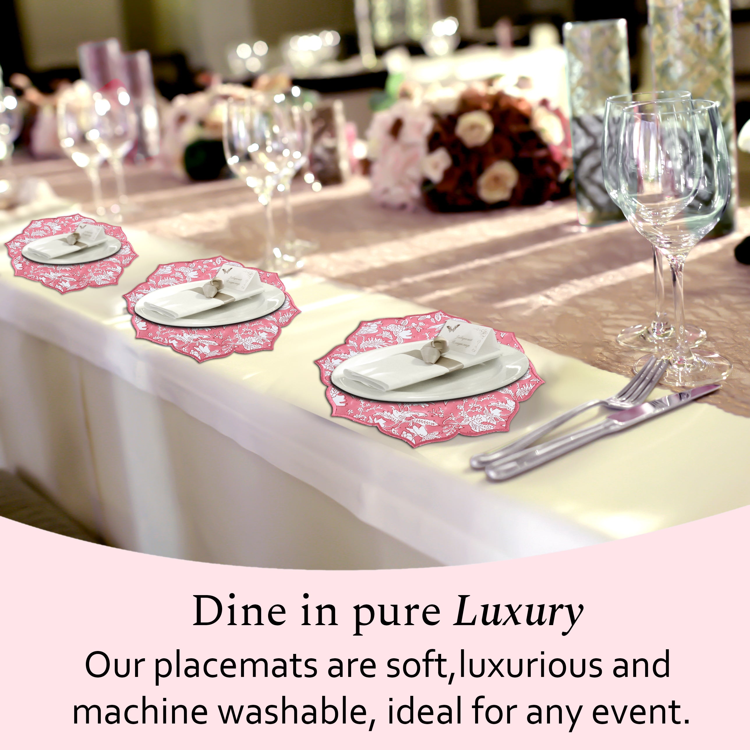 Cotton placemat in fresh coral pink with elegant stitching
