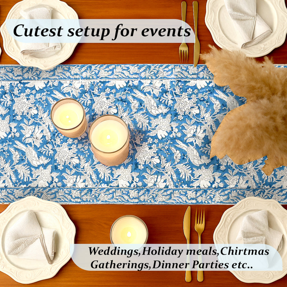 Cotton Block Print Table Runner - Blue Sapphire