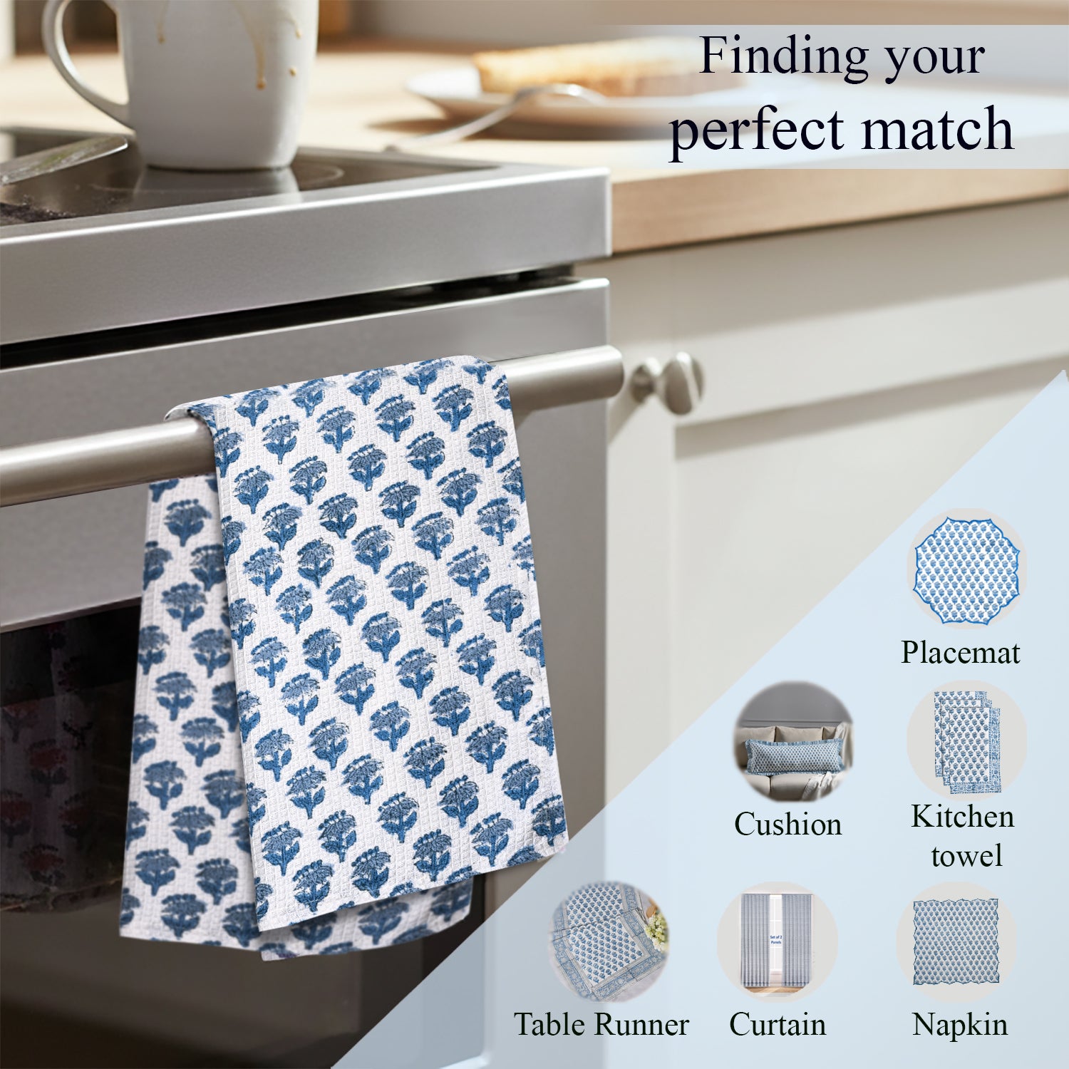 Hand Block Printed Waffle Kitchen Towels – Apatite Blue