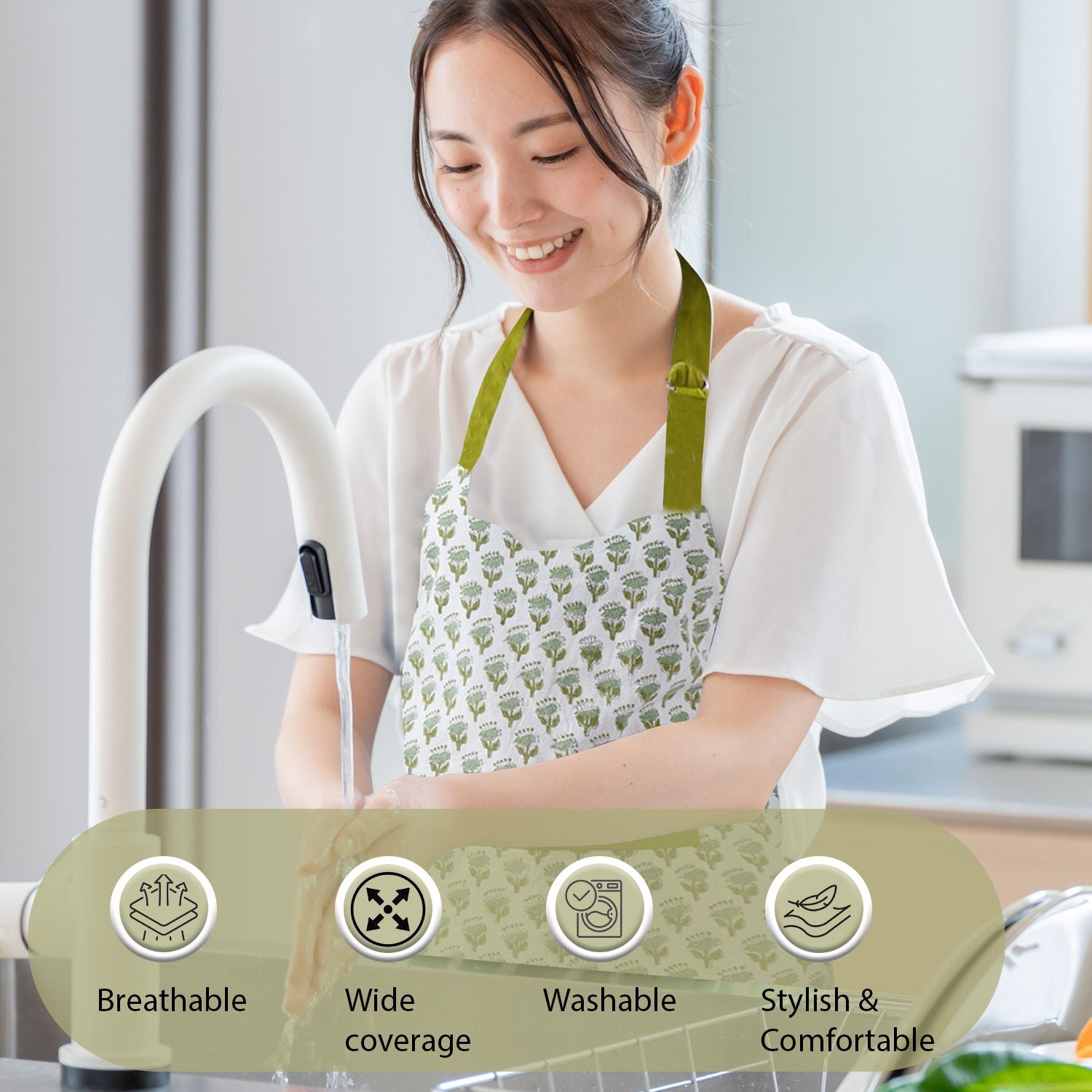 Charming green and white floral apron for cooking and crafting