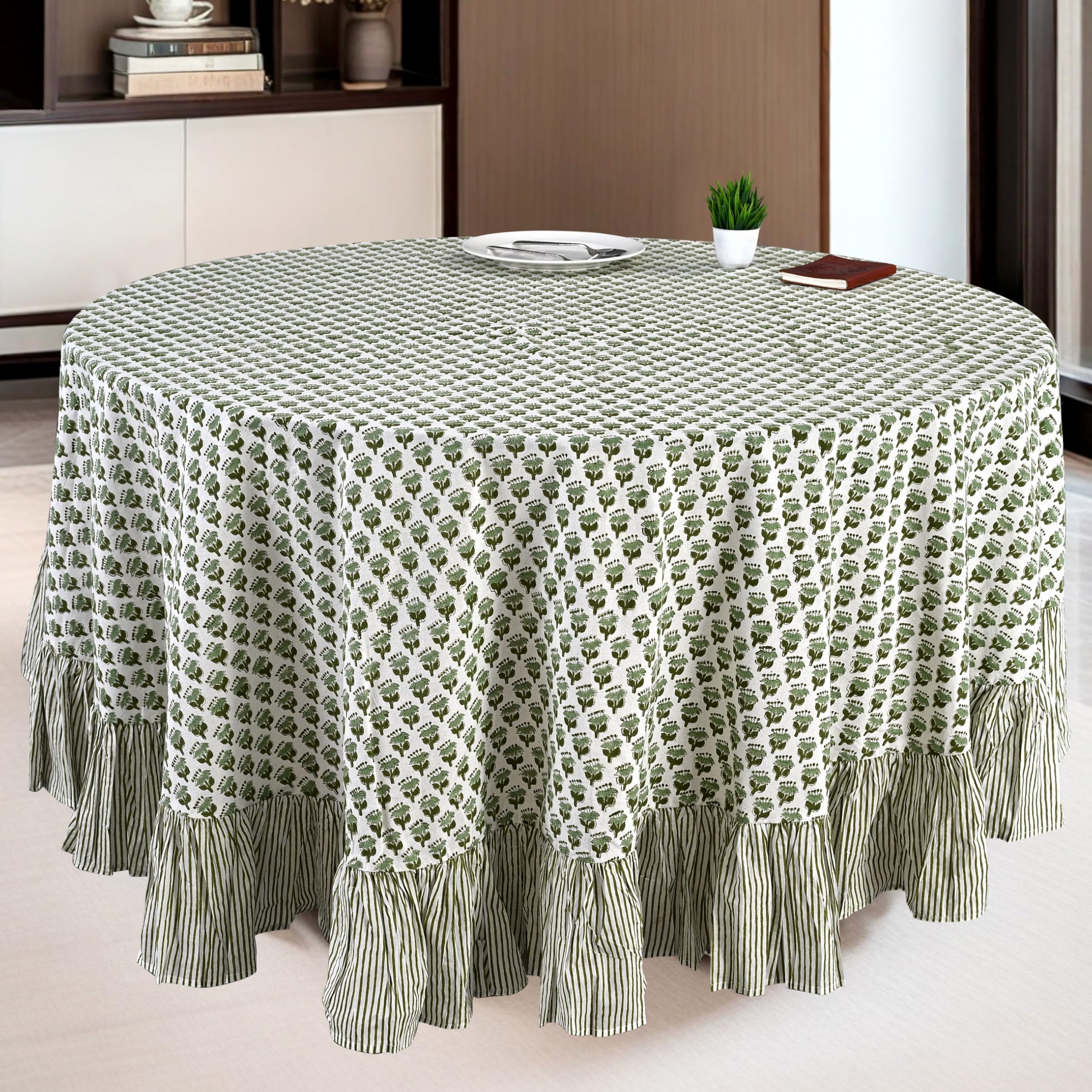 Cotton Ruffle Round Tablecloth - Emerald Green