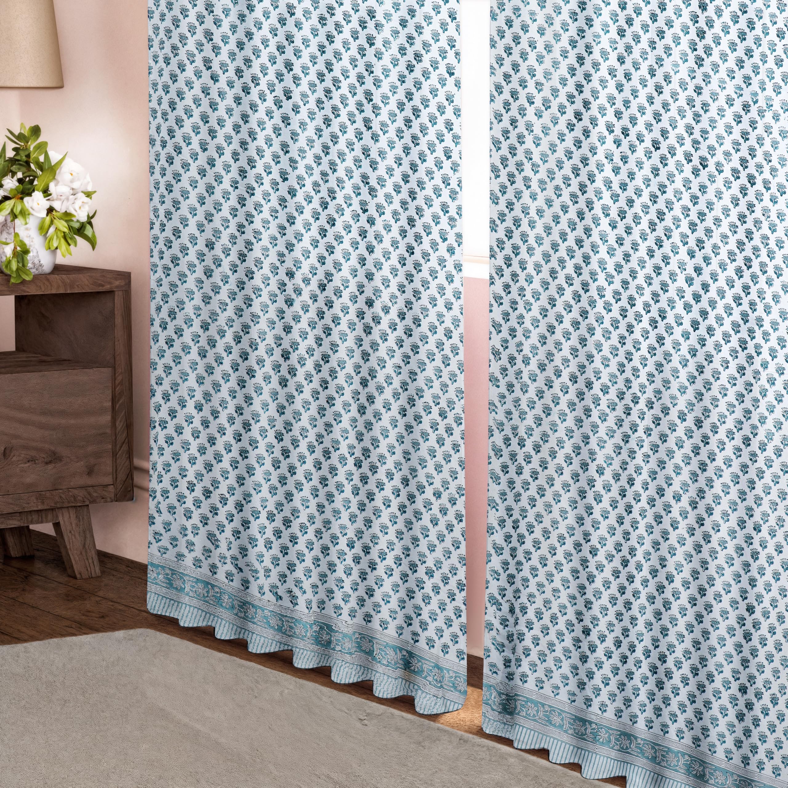 Cotton Block Print Curtain - Apatite Blue