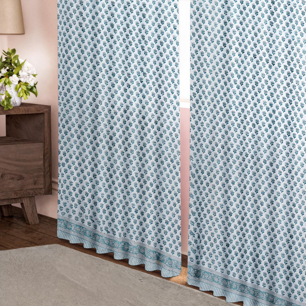 Cotton Block Print Curtain - Apatite Blue