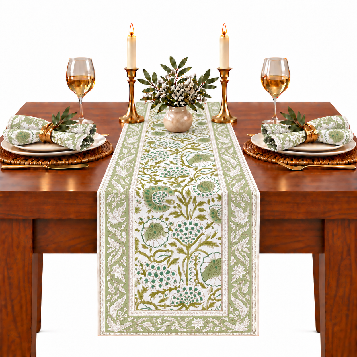 Cotton Block Print Table Runner - Agate Green