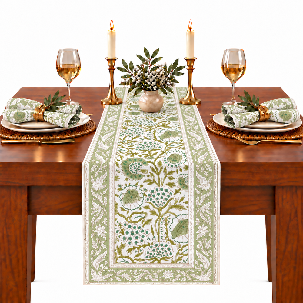 Cotton Block Print Table Runner - Agate Green