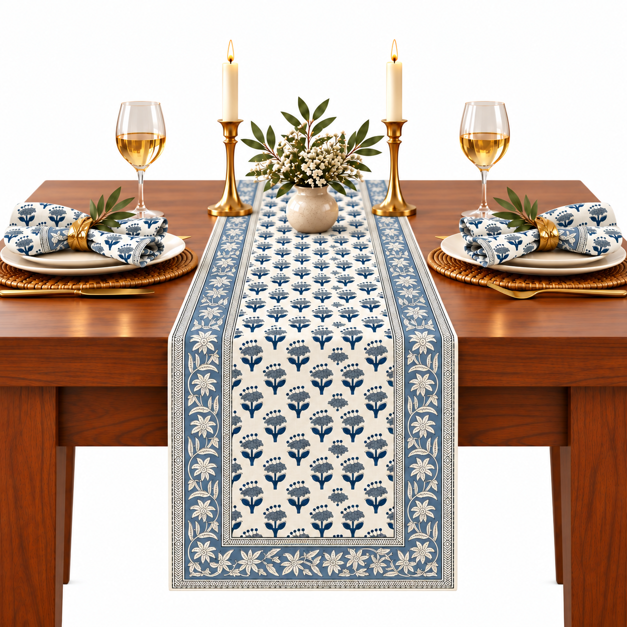 Cotton Block Print Table Runner - Apatite Blue
