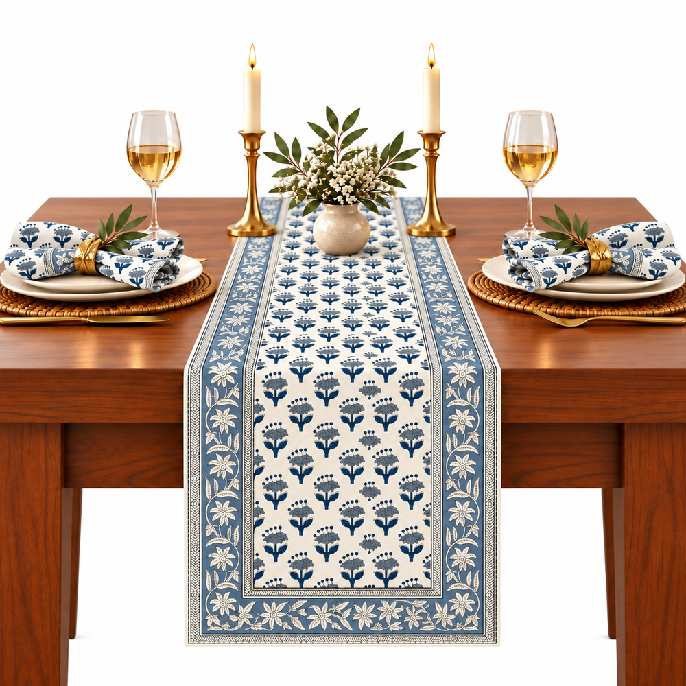 Cotton Block Print Table Runner - Apatite Blue