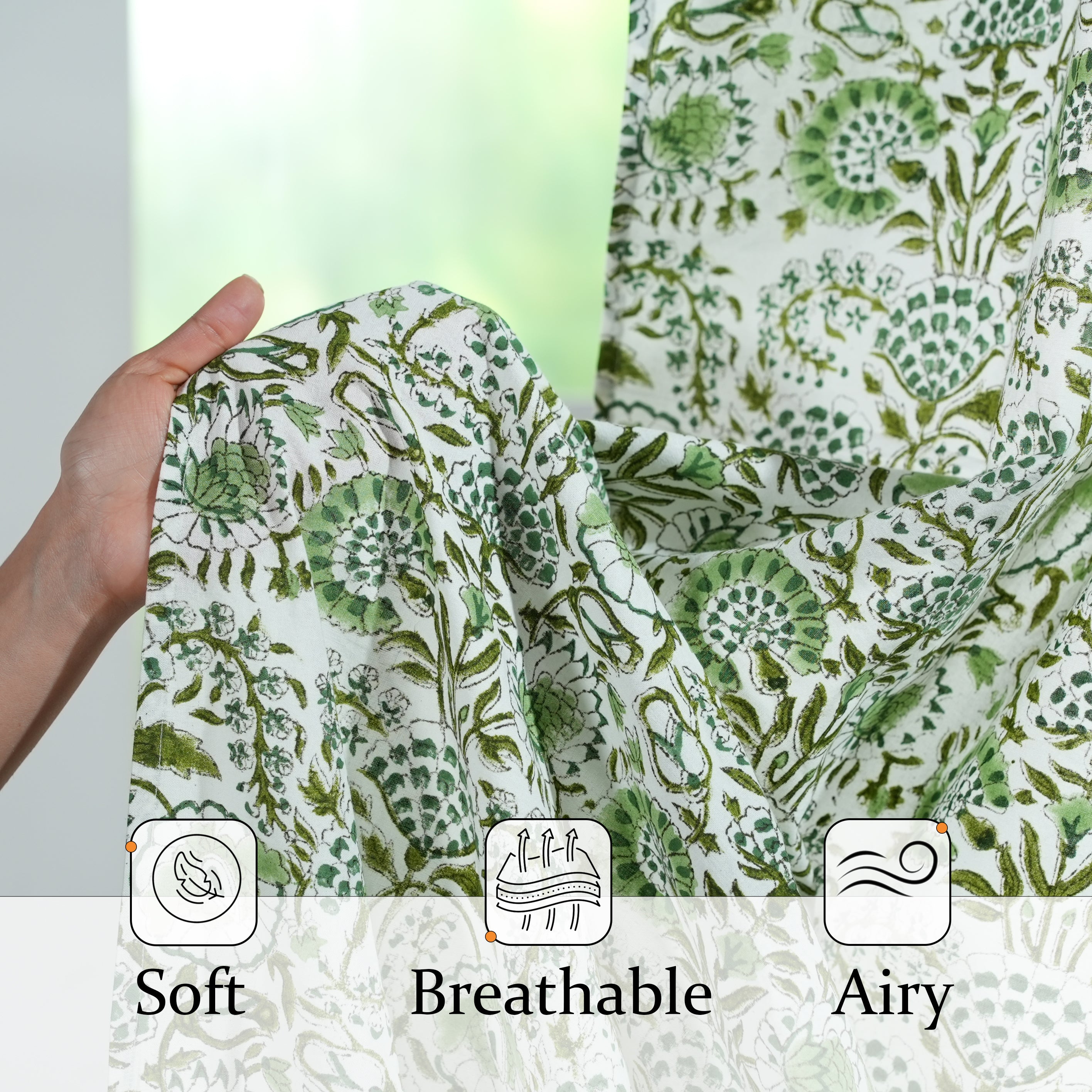 soft, breathable, and airy green and white floral curtains