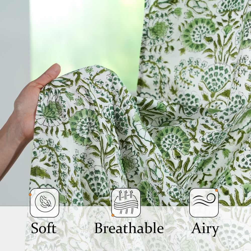 soft, breathable, and airy green and white floral curtains