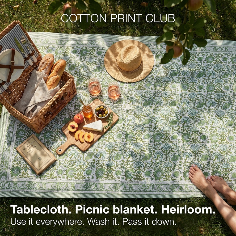 Cotton Block Print Tablecloth – Agate Green
