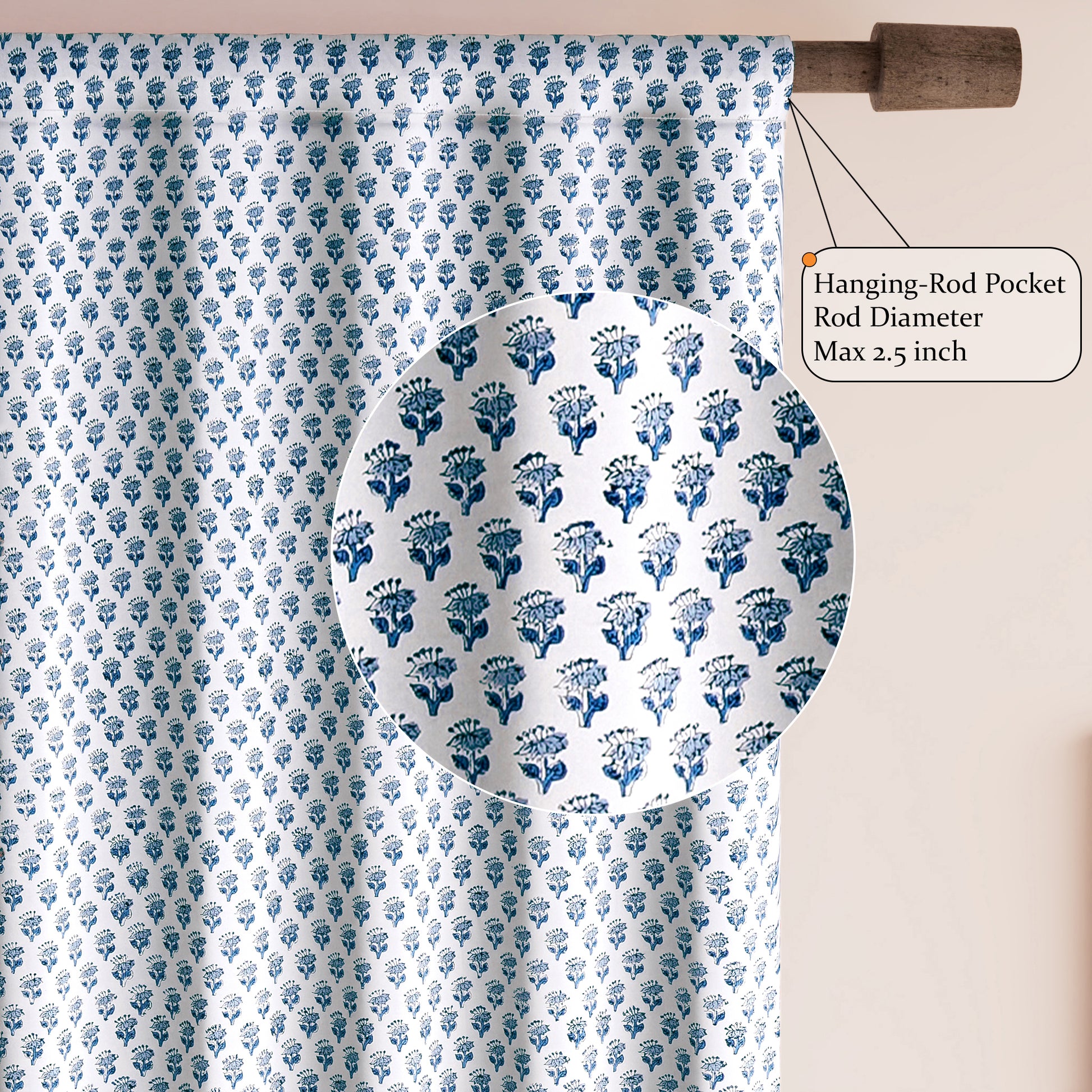 Semi-Sheer Cotton Block Print Curtains - Apatite Blue