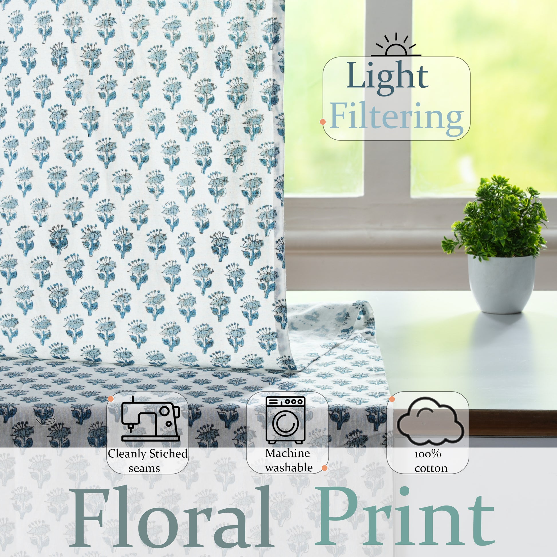 Semi-Sheer Cotton Block Print Curtains - Apatite Blue