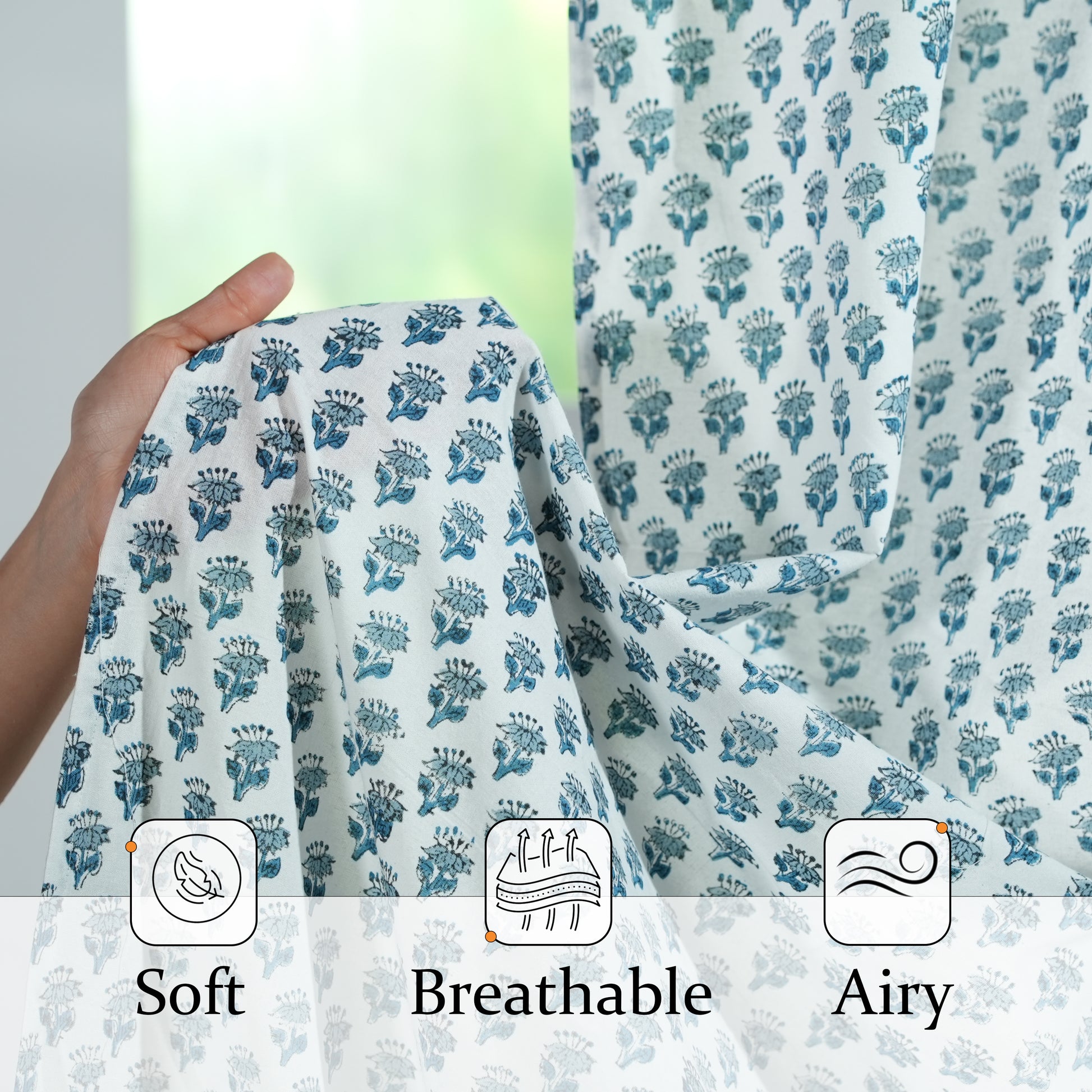 Semi-Sheer Cotton Block Print Curtains - Apatite Blue