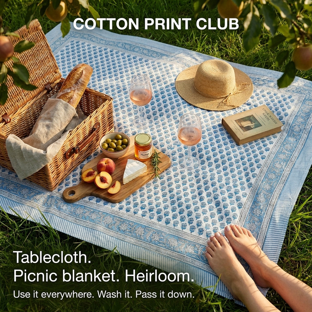 Cotton Block Print Tablecloth - Apatite Blue