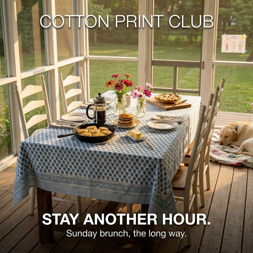 Cotton Block Print Tablecloth - Apatite Blue