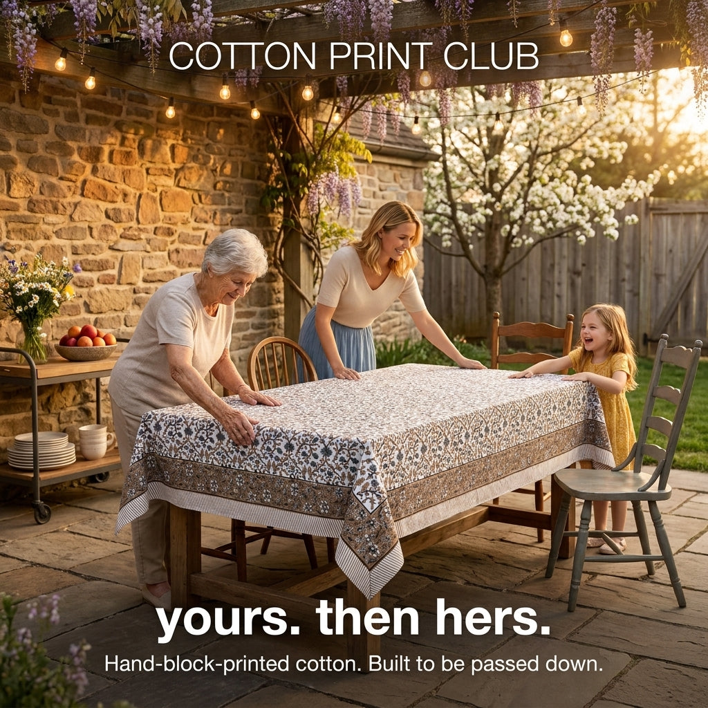 Cotton Block Print Tablecloth – Autumn Vine