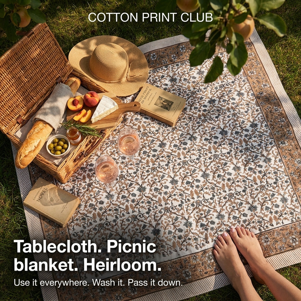 Cotton Block Print Tablecloth – Autumn Vine