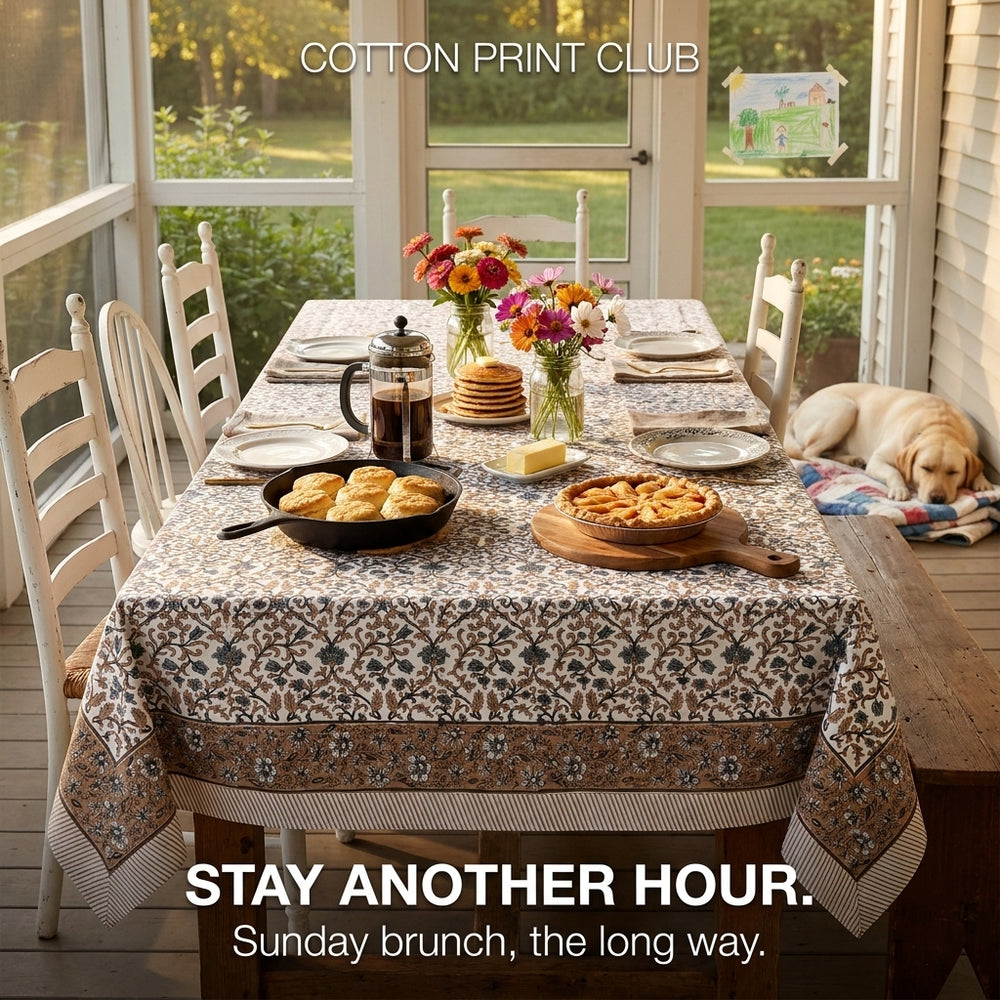 Cotton Block Print Tablecloth – Autumn Vine