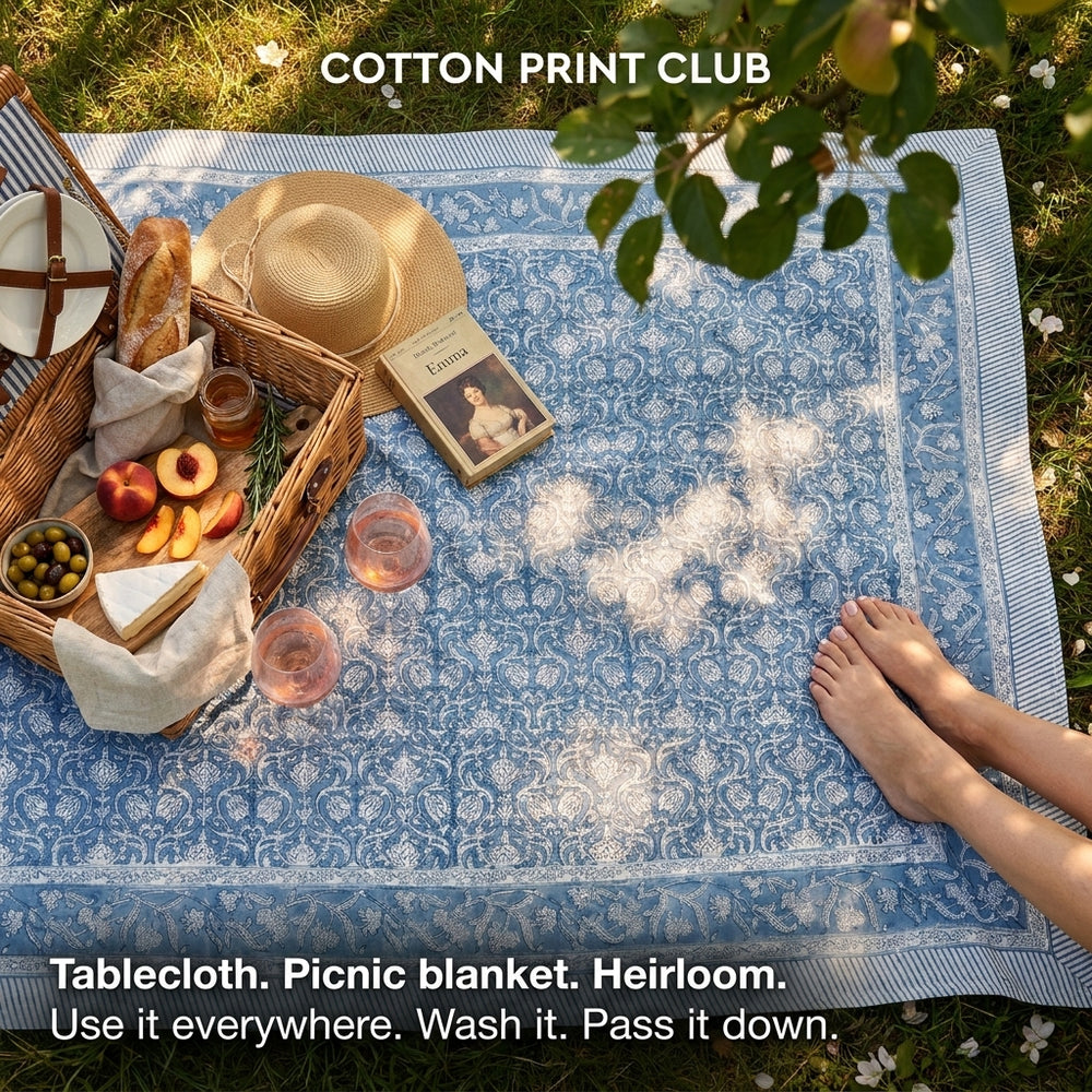 Cotton Block Print Tablecloth – Azure Regal
