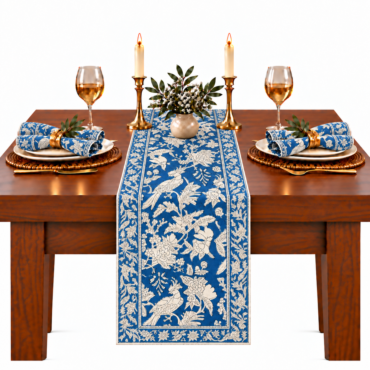 Cotton Block Print Table Runner - Blue Sapphire