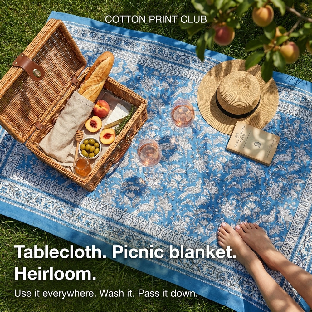 Cotton Block Print Tablecloth – Blue Sapphire