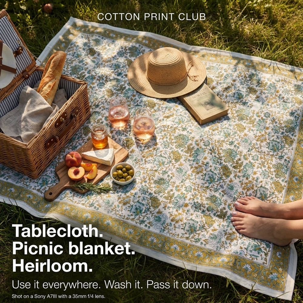 Cotton Block Print Tablecloth – Topaz Blue