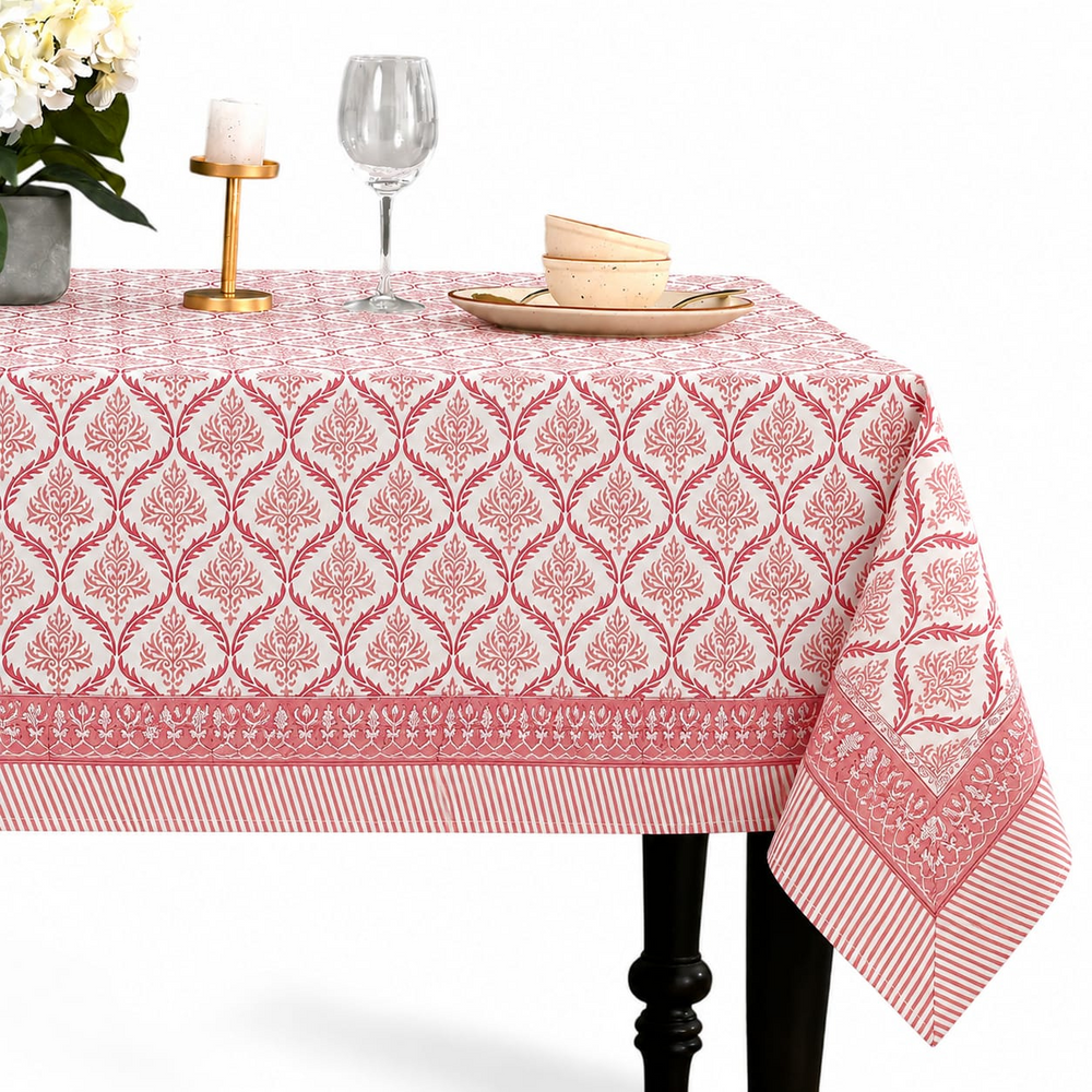 Cotton Block Print Tablecloth – Blush Rose