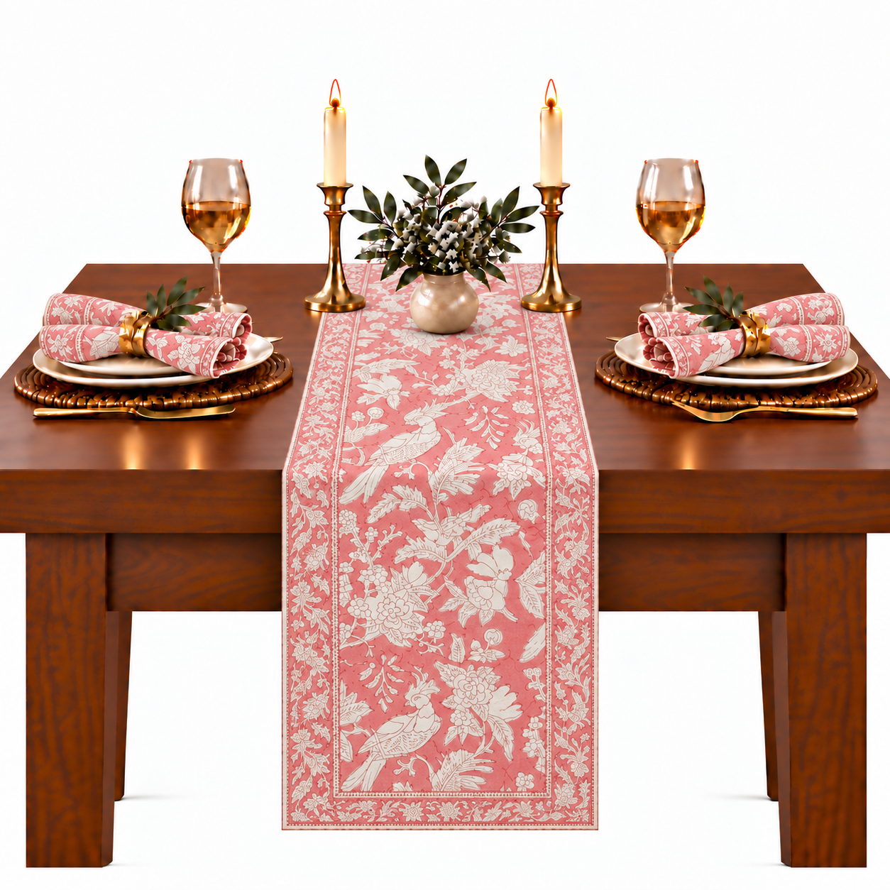 Cotton Block Print Table Runner - Coral Pink