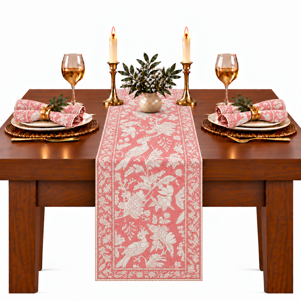 Cotton Block Print Table Runner - Coral Pink
