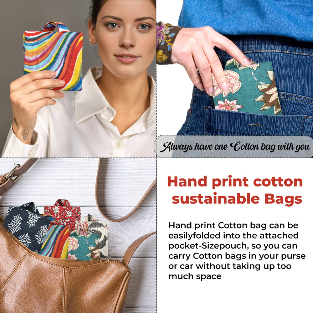 Hand-Printed Cotton Shopping Bags - Mix Set of 5