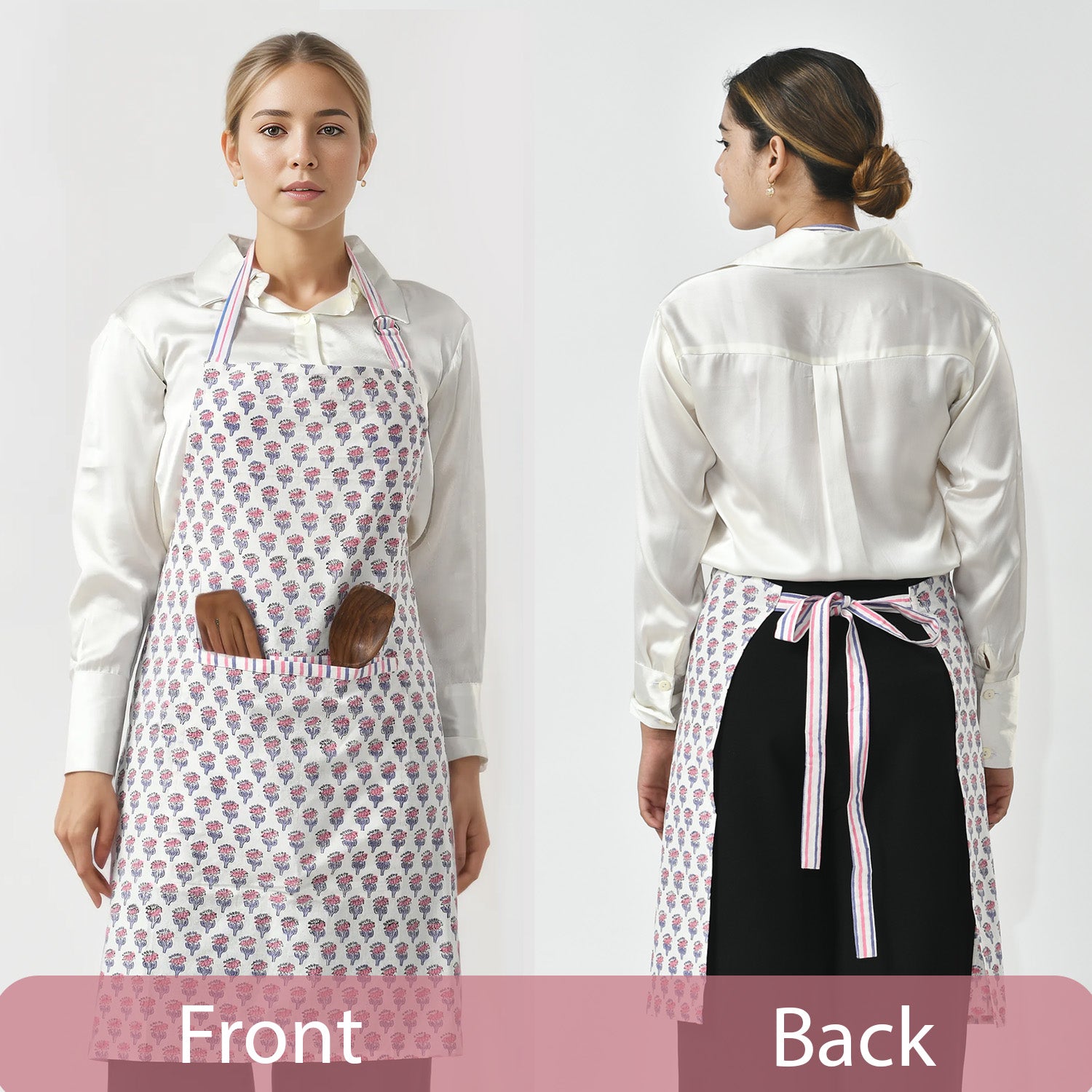 front and back of lady wearing pink and white floral apron with wooden utensils in the front pocket