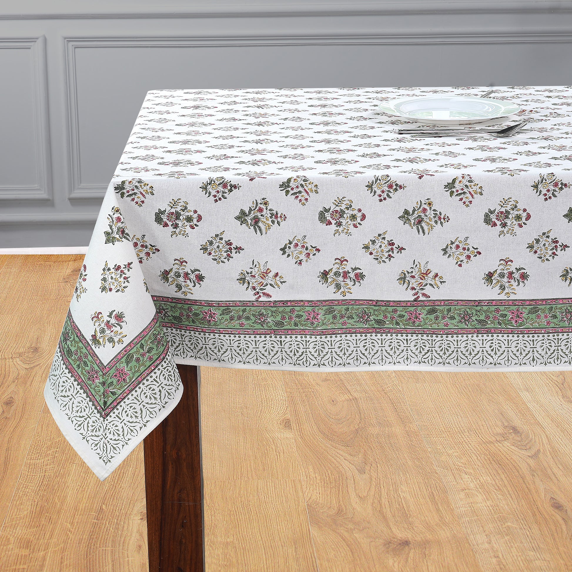 Cotton Block Print Tablecloth – Forest Green
