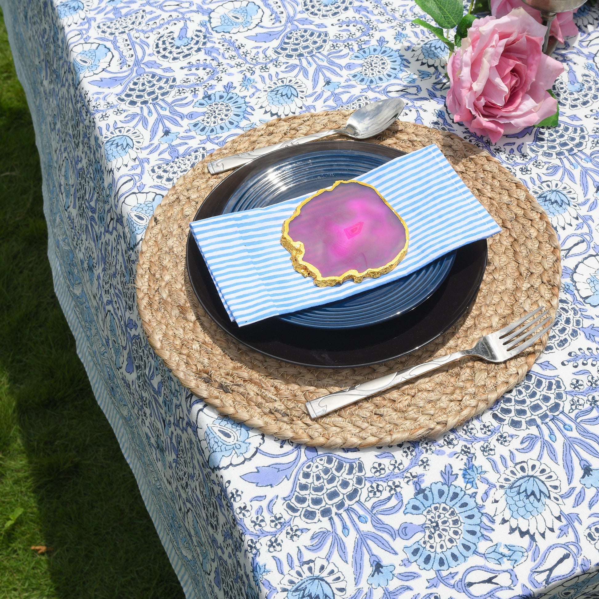 Cotton Block Print Tablecloth – Indigo Blue
