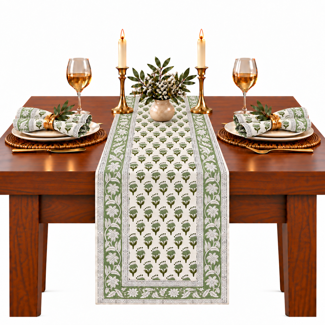Cotton Block Print Table Runner - Emerald Green