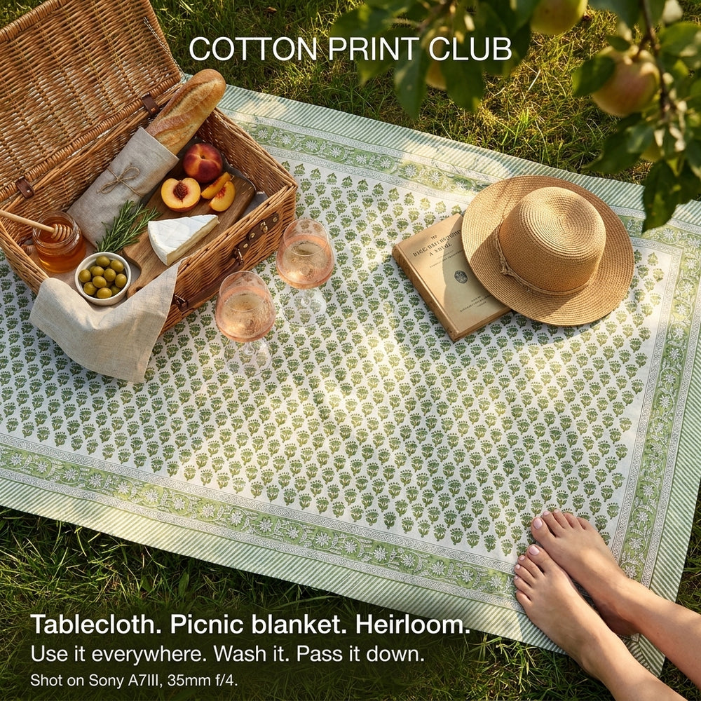 Cotton Block Print Tablecloth – Emerald Green